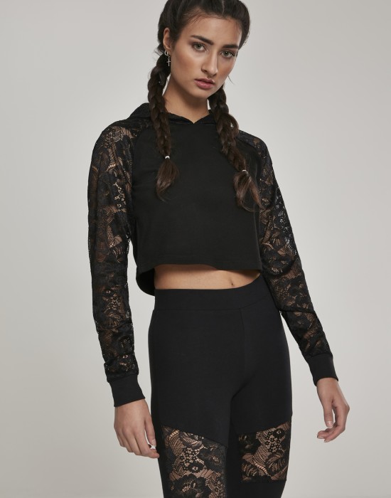Дамски суичър в черно Urban Classics Ladies Short Laces Hoody