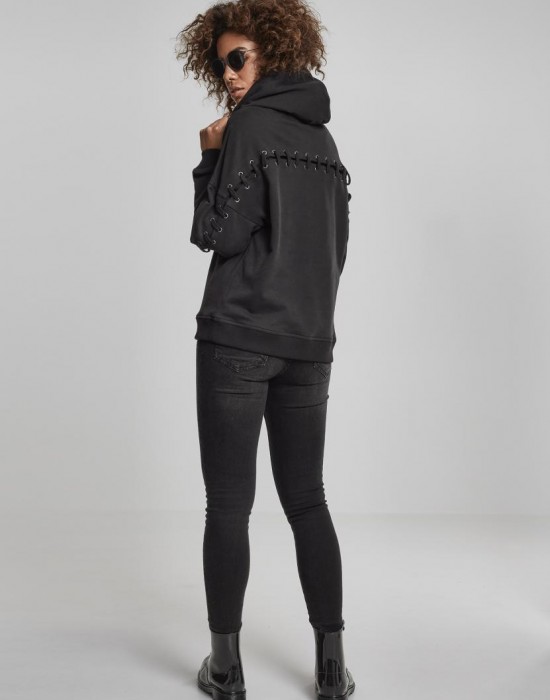 Дамски суичър в черно Urban Classics Ladies Laced-Up Hoody, Жени - Lit.bg