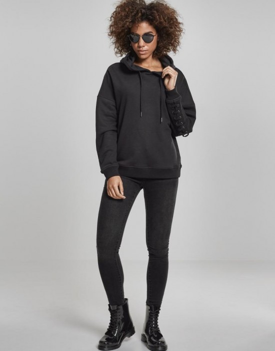 Дамски суичър в черно Urban Classics Ladies Laced-Up Hoody, Жени - Lit.bg