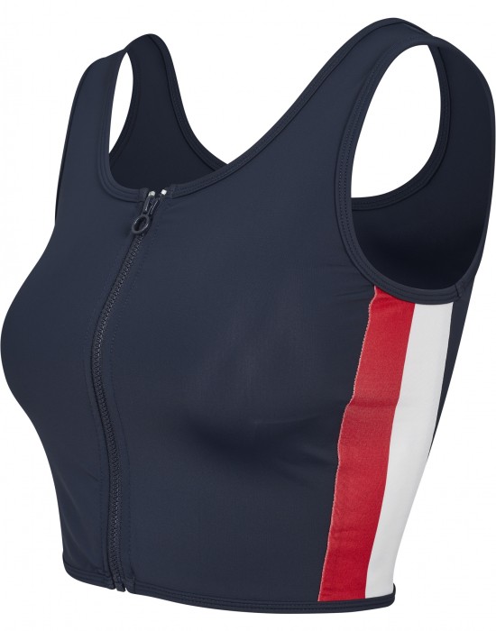 Дамски спортен топ с цип в тъмносин цвят Urban Classics Ladies Side Stripe Cropped Zip Top navy/fire red/white, Жени - Lit.bg