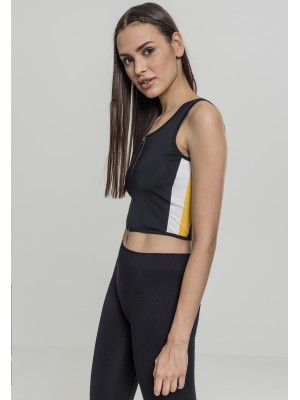 Дамски спортен топ с цип в черен цвят Urban Classics Ladies Side Stripe Cropped Zip Top black/white/chromeyellow 