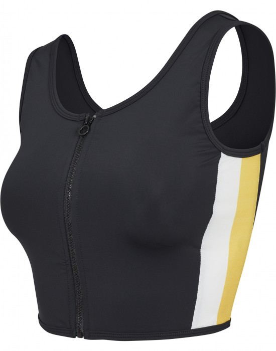 Дамски спортен топ с цип в черен цвят Urban Classics Ladies Side Stripe Cropped Zip Top black/white/chromeyellow, Жени - Lit.bg