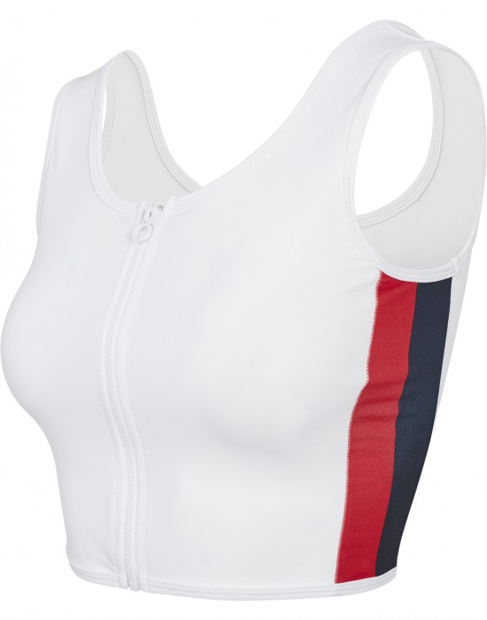 Дамски спортен топ с цип в бял цвят Urban Classics Ladies Side Stripe Cropped Zip Top white/firered/navy XS, Жени - Lit.bg