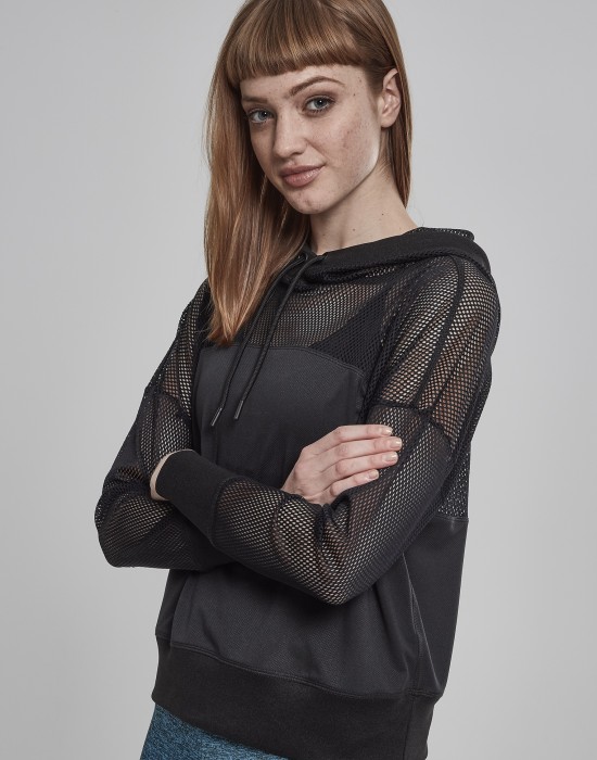 Дамски суичър в черно Urban Classics Ladies Mesh Hoody, Жени - Lit.bg