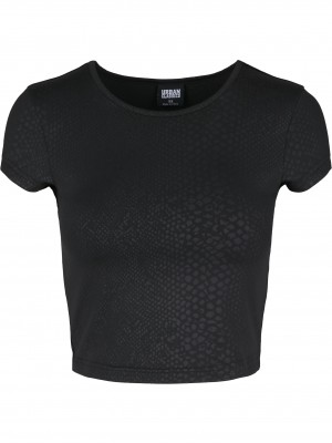 Дамска къса тениска в черен змийски десен Urban Classics Ladies Stretch Pattern Cropped Tee black snake 
