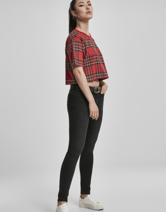 Дамска карирана къса тениска Urban Classics Ladies AOP Tartan Short Oversized Tee red/blk, Жени - Lit.bg