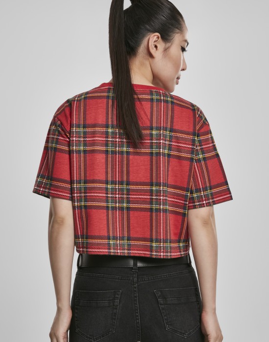 Дамска карирана къса тениска Urban Classics Ladies AOP Tartan Short Oversized Tee red/blk, Жени - Lit.bg