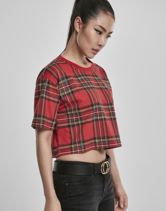 Дамска карирана къса тениска Urban Classics Ladies AOP Tartan Short Oversized Tee red/blk, Жени - Lit.bg