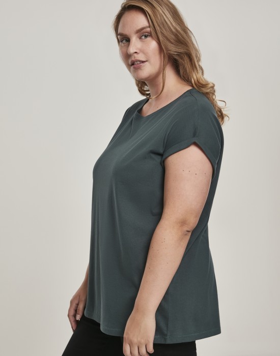 Дамска тениска в тъмнозелен цвят Urban Classics Ladies Extended Shoulder Tee bottlegreen, Жени - Lit.bg