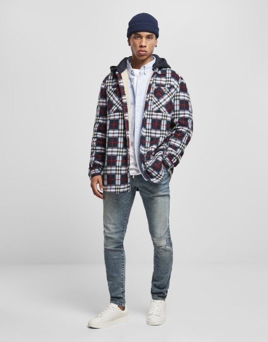 Мъжко карирано яке в черно и бяло Urban Classics Hooded Polar Fleece, Мъже - Lit.bg