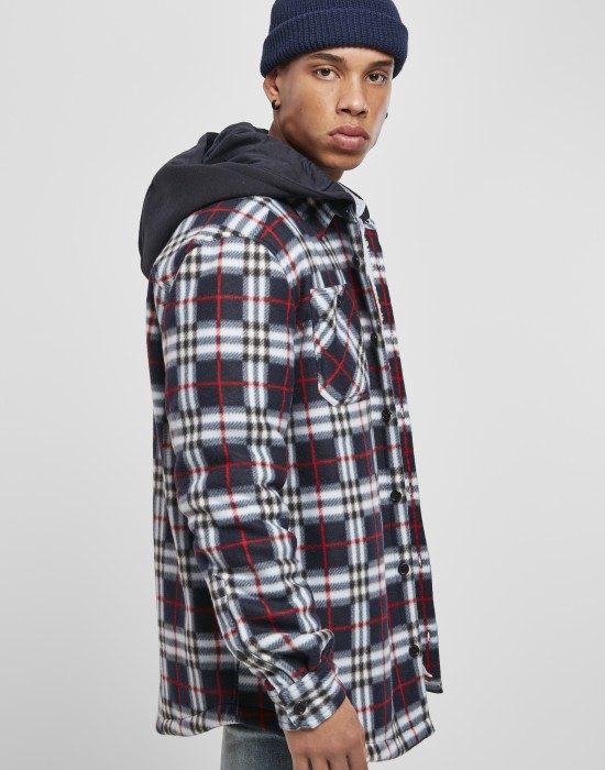 Мъжко карирано яке в черно и бяло Urban Classics Hooded Polar Fleece, Мъже - Lit.bg