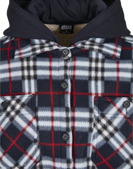 Мъжко карирано яке в черно и бяло Urban Classics Hooded Polar Fleece, Мъже - Lit.bg