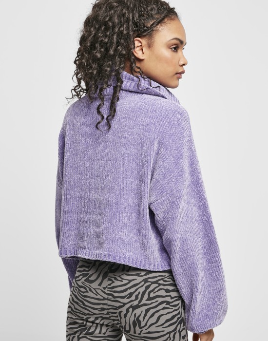 Дамски къс пуловер в лилав цвят Urban Classics Ladies Short Chenille Turtleneck Sweater, Жени - Lit.bg