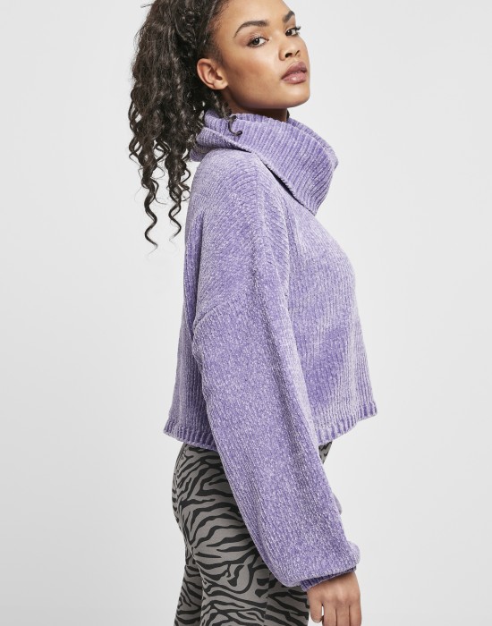Дамски къс пуловер в лилав цвят Urban Classics Ladies Short Chenille Turtleneck Sweater, Жени - Lit.bg