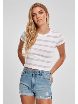 Дамска къса тениска на райета в бял цвят Urban Classics white/girlypink 