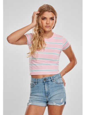 Дамска къса тениска на райета в розов цвят Urban Classics girlypink/oceanblue 