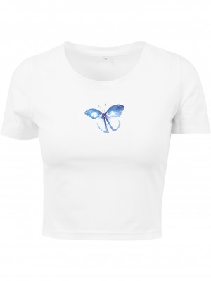 Дамска къса тениска в бял цвят Merchcode Ladies Butterfly Cropped Tee white 