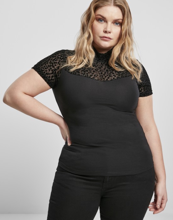 Дамска тениска в черно Urban Classics Ladies Flock Lace Turtleneck, Жени - Lit.bg
