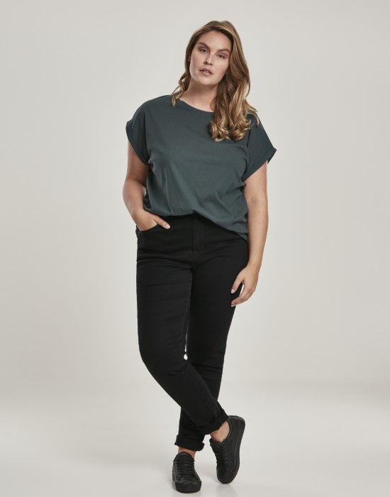 Дамска тениска в тъмнозелен цвят Urban Classics Ladies Extended Shoulder Tee bottlegreen, Жени - Lit.bg