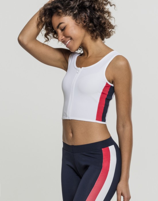 Дамски спортен топ с цип в бял цвят Urban Classics Ladies Side Stripe Cropped Zip Top white/firered/navy XS, Жени - Lit.bg