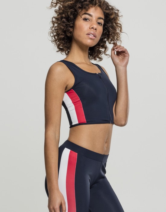 Дамски спортен топ с цип в тъмносин цвят Urban Classics Ladies Side Stripe Cropped Zip Top navy/fire red/white, Жени - Lit.bg