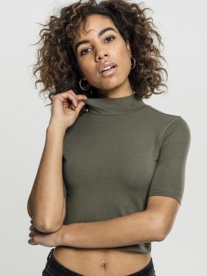 Къса безшевна дамска тениска Urban Classics в цвят маслина