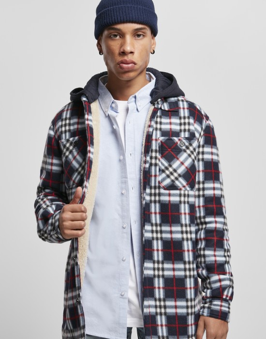 Мъжко карирано яке в черно и бяло Urban Classics Hooded Polar Fleece, Мъже - Lit.bg